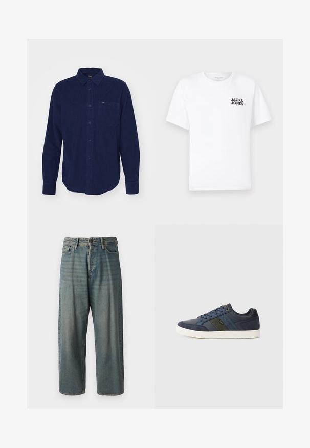 Navy sininen corduroypaita pitkillä hihoilla, nappikauluksella, etutaskulla ja hienovaraisella tekstuur yksityiskohdalla. Sisältää bränditunnuksen kauluksessa.; Valkoinen puuvillapaita, lyhyet hihat, pyöreä kaula-aukko. Vasemmassa rintakehässä musta tekstilogo "JACK & JONES". Yksinkertainen, neutraali muotoilu.; Vaaleansiniset farkut, joissa on väljä istuvuus, keskikorkea vyötärö ja suorat lahkeet. Ominaisuuksiin kuuluvat viisi taskua, vyölenkit ja nappisulku.; Tummansininen matalavartinen lenkkari, jossa valkoinen pohja, nauhakiinnitys edessä, mokka- ja nahkaverhoilua sekä sivustrippi, jossa on "Lee"-logo.
