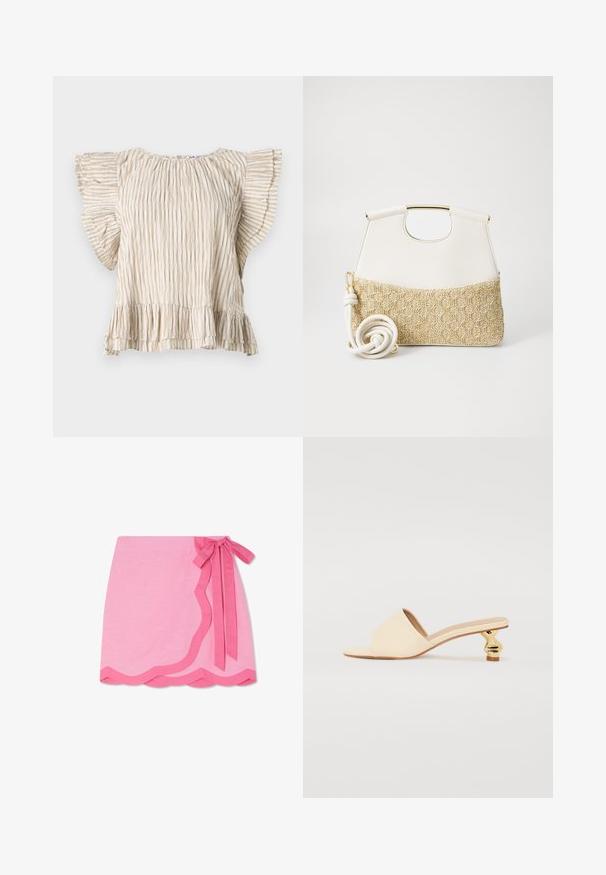 Beige kortermet topp med vertikale folder, flagrende volangermer og en frillkant. Lett stoff med en delikat tekstur.; Rosa linning omslagskjørt med en bølget kant, med et kontrasterende mørkere rosa bånd i livet og en glatt tekstur.; RAID ATHENA - Tøfler - cream; Hvit lærveske med en teksturert kremfarget vevd bunn. Har en gullfarget håndtak og en spiralformet hvit stropp for allsidighet.