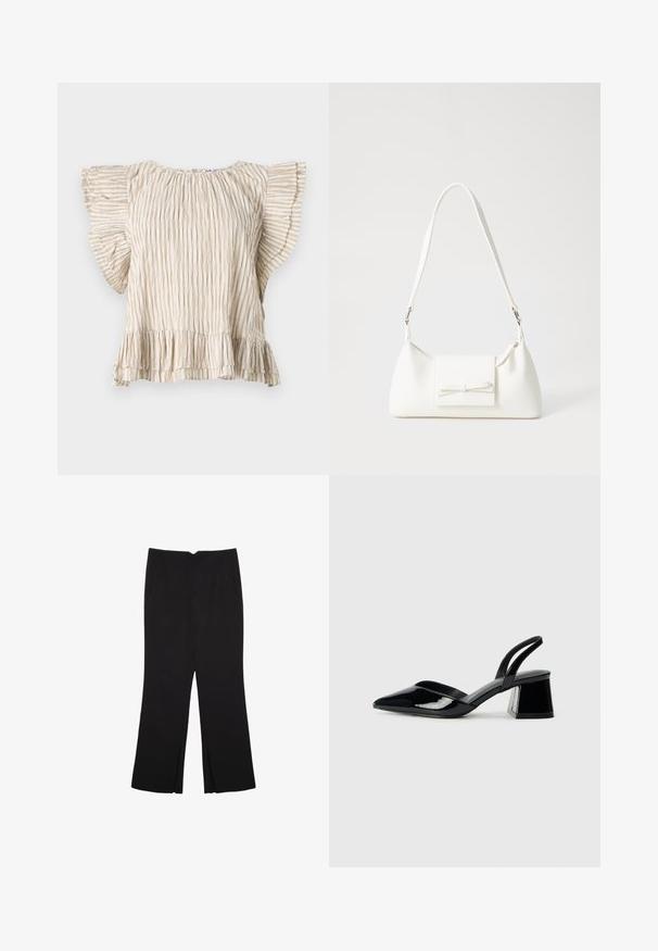 Top beige a maniche corte con pieghe verticali, maniche a volant svasate e orlo arricciato. Tessuto leggero con una texture delicata.; Pantaloni neri a gamba dritta, con tasche frontali e spacchi laterali all'orlo. Realizzati in tessuto morbido e liscio. Adatti a diverse occasioni.; Décolleté in vernice nera con punta affusolata e tacco in geometria cubica. Presentano un design elegante e minimalista, con una texture liscia.; Borsa sintetica bianca a forma triangolare, con patta anteriore piatta e dettaglio a fiocco, tracolla regolabile, texture liscia e design minimalista.