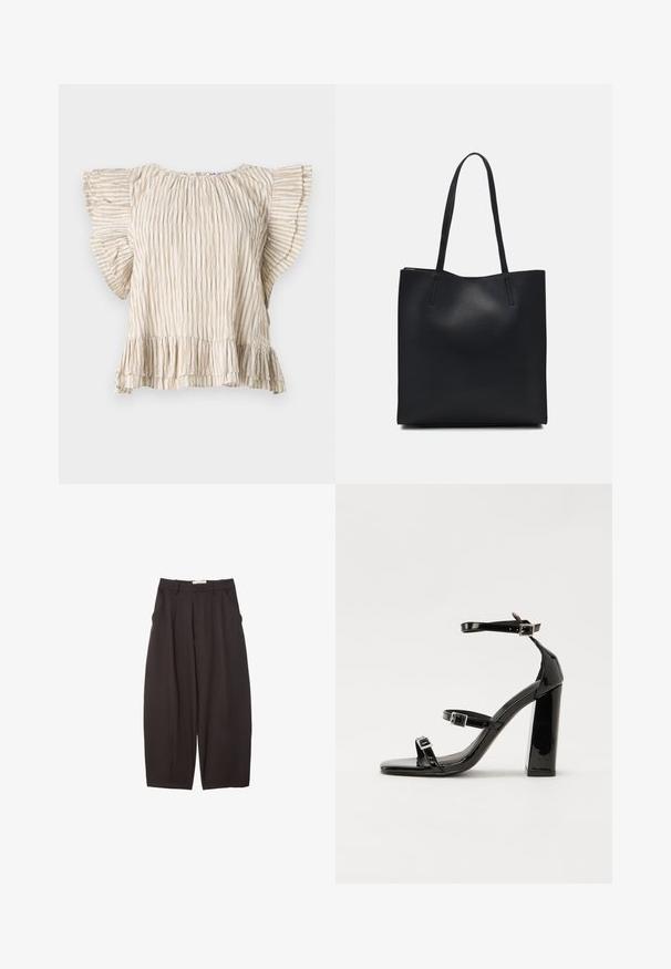 Top beige a maniche corte con pieghe verticali, maniche a volant svasate e orlo arricciato. Tessuto leggero con una texture delicata.; Pantaloni neri a gamba larga realizzati in un tessuto morbido, con vita alta, pieghe frontali e tasche laterali. Design semplice senza decorazioni.; Sandali con tacco in vernice nera, con punta squadrata, cinturini alla caviglia e fibbie in argento. Presentano un tacco a blocco spesso per maggiore stabilità.; Borsa tote in pelle nera con texture liscia, forma rettangolare e due manici lunghi. Nessun hardware o decorazione visibile.