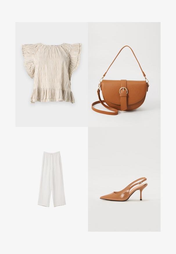 Beige kortærmet top med lodrette plisseringer, flaired ruffle-ærmer og en bølget kant. Letvægtsstof med en sart tekstur.; Hvide bukser med bred benlængde lavet af et letvægtsstof. Har et elastisk talje med snor og sidelommer. Glat tekstur.; Spids tå slingback hæl i et glat, blankt tan materiale. Har et buet udskæring design og en slank stiletto hæl. Sølv spænde detalje.; Brun læder crossbody taske med en buet form, guldfarvet hardware og en spændeaccent. Har en aftagelig skulderrem.