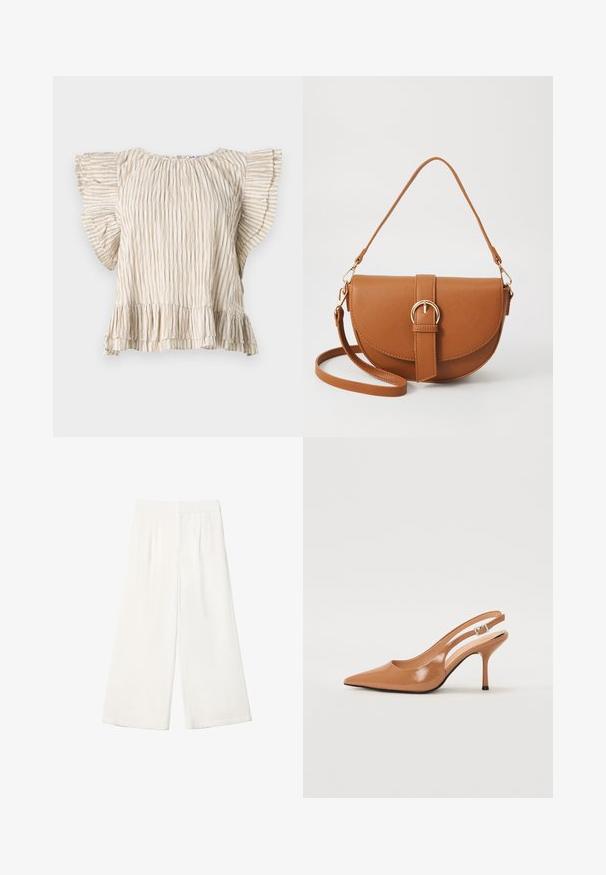 Béžový top s krátkym rukávom, vertikálnymi skladkami, rozšírenými volánovými rukávmi a volánovým lemom. Ľahký materiál s jemnou textúrou.; Biele široké nohavice vyrobené z hladkej látky. Majú plochý pás a vertikálne skladania pre zvýraznenie detailu.; Sandal s úzkym podpätkom a špicatou špičkou v hladkej lesklej hnedej materiáli. Obsahuje zakrivený výrez a štíhly ihlový podpätok. Strieborný prackový detail.; Hnedá kožená kabelka cez telo s zakriveným tvarom, zlatými kovovými doplnkami a akcentom s prackou. Obsahuje odnímateľný ramenný popruh.