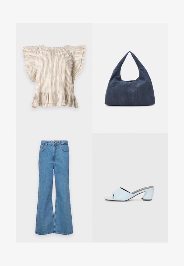 Bež majica kratkih rukava s vertikalnim nabranjima, lepršavim rukavima i volanom na rubu. Lagani materijal s delikatnom teksturom.; Svijetloplave traperice s flared nogavicama, visokog struka, s pet džepova i jednim dugmetom za zatvaranje. Mekani materijal s izblijedjelim izgledom.; Svijetloplave sandale na visoku petu s otvorenim prstima, s geometrijskim dizajnom, koje imaju široku traku preko stopala i debelu, kutnu petu.; Tamna plava traper torba mekane, opuštene forme, s ručkom u stilu hobo i teksturiranom površinom. Nema vidljivih metalnih dodataka.