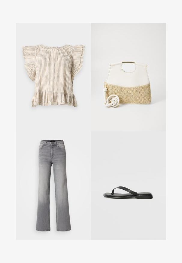 Beige short-sleeve top with vertical pleats, flared ruffle sleeves, and a frilled hem. Lightweight fabric with a delicate texture.; High-waisted straight-leg gray denim jeans with front button and zipper, front and back pockets, and faded shading on thighs and calves.; Black flip-flop made of smooth leather, featuring a thin strap design and a flat sole with a minimal profile. No notable patterns or accents.; White leather handbag with a textured cream woven fabric bottom. Features a gold-tone handle and a coiled white strap for versatility.