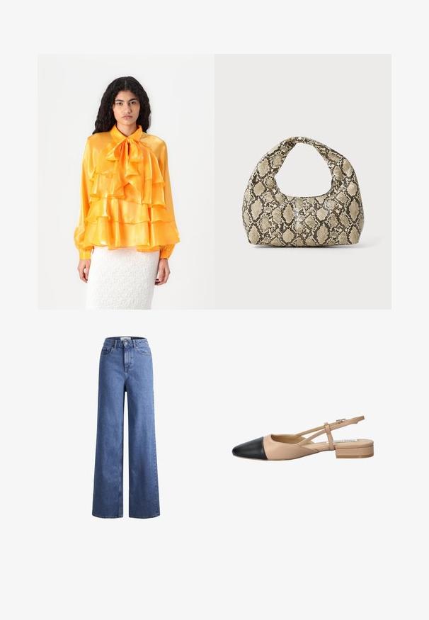 Žuta satenasta bluzica s volanima, kragnom na mašne i dugim rukavima. Tekstura je glatka i sjajna. Nosena preko bijele teksturirane suknje.; Svijetloplavi traper široki traperice s visokim strukom, dva prednja džepa i vidljivim šavovima. Imaju kopčanje na gumb i patentni zatvarač.; Bež i crna dvobojna slingback cipela s oštrim vrhom, ravnim potplatom i detaljem u obliku križanja traka. Glatka kožna tekstura.; Torba s uzorkom zmije s zakrivljenom drškom. Izrađena od teksturiranih materijala u bež i smešnim tonovima, sa karakterističnim dijamantnim uzorkom.