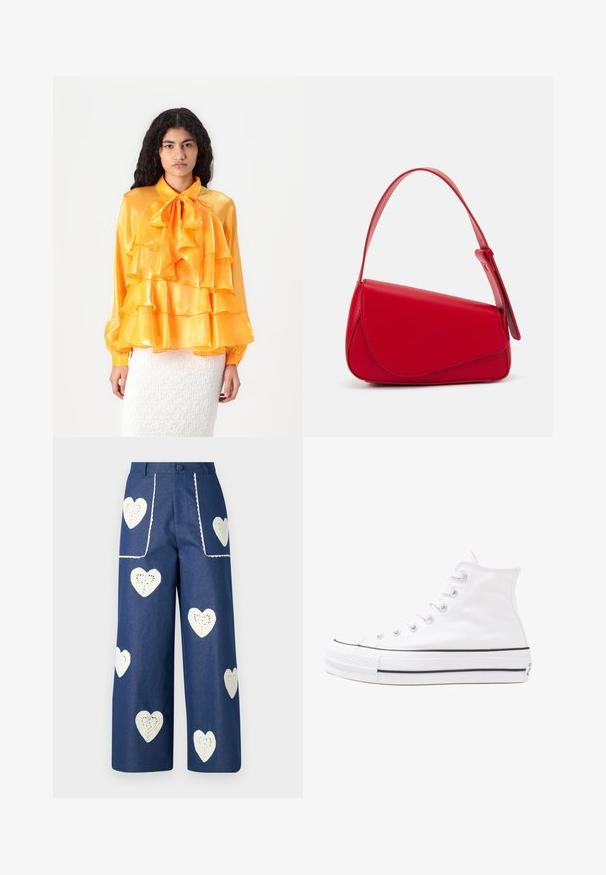 Gul satinbluse med flæser, sløjfekrave og lange ærmer. Teksturen er glat og skinnende. Båret over en hvid struktureret nederdel.; Sister Jane HEART TO HEART - Jeans Straight Leg - blue denim; Hvide høje kanvas sneakers med sort gummisål, gummitåhætte foran og seks øjehuller til snørebånd, der har et rent, minimalistisk design.; Rød læderhåndtaske med et kantet, geometrisk design. Har en enkelt justerbar rem og en klaplukning med syede detaljer.