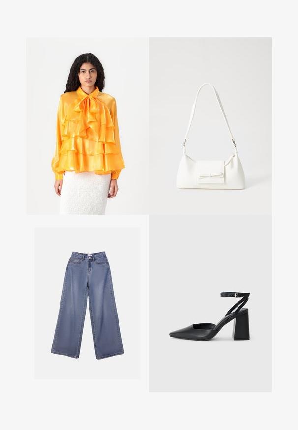 Rumena satenasta bluzica z nabrano plastmi, ovratnik z mašnjo in dolgimi rokavi. Tekstura je gladka in sijoča. Nosijo jo čez belo teksturirano krilo.; Široke denim hlače v svetlo modrem pranju, s poudarjeno pasom, sprednjimi žepi in gumbom za zapiranje z zankami za pas.; Črne usnjene klasične čevlje z ostrim nosom, z zaponko za gleženj in debelim peto. Ravna tekstura, eleganten dizajn in minimalistična estetika.; Bela sintetična torbica v obliki trikotnika, z ravnim sprednjim poklopcem in detajlom mašne, nastavljivim trakom, gladko teksturo in minimalističnim dizajnom.