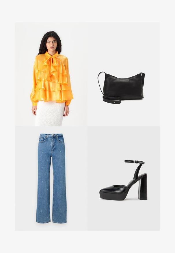 Sárga selyem blúz fodros rétegekkel, masni gallérral és hosszú ujakkal. A textúrája sima és fényes. Egy fehér, texturált szoknya felett viselve.; Kék, magas derekú, egyenes szabású farmernadrág, apró fehér virágmintákkal díszítve a szöveten.; Fekete platform magassarkú cipők hegyes orral és állítható bokapánttal. Sima bőrből készült, vastag talppal.; Fekete bőr válltáska sima felülettel, ívelt formával, állítható pánttal és cipzáras záródással. Minimalista dizájn díszítmények nélkül.
