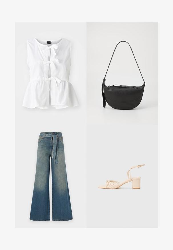 Hvitt ermeløst top i lett stoff, med peplumkant, fremre knytinger og nøkkelhullåpning, med rund halslinning.; Bredde ben jeans med en lyseblå til mørkeblå gradient, høyt liv, beltehemper og et matchende belte i samme stoff. Teksturert denimoverflate.; Beige stroppete høye sandaler med firkantet tå, tvunnet frontdesign, ankelstropp og blokkhæl. Glatt tekstur, minimalistisk stil.; Svart lær skulderveske med buet form, enkel stropp, glidelås-lukking, og diskret sømdetaljering langs kroppen.