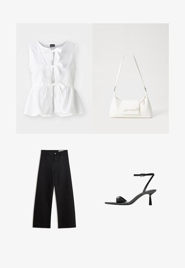 Fehér ujjatlan felső könnyű anyagból, peplum szegéllyel, elöl megkötőkkel és kulcslyuk kivágással, kerek nyakkivágással.; Fekete, bő szabású farmernadrág magas derékkal, elülső és hátsó zsebekkel, varrott felületekkel és gombos záródással. Sima textúra.; Bershka Magas sarkú szandálok - black; Fehér szintetikus kézitáska, háromszög alakú, lapos előlap, masni részlettel, állítható pánttal, sima textúrával és minimalista dizájnnal.