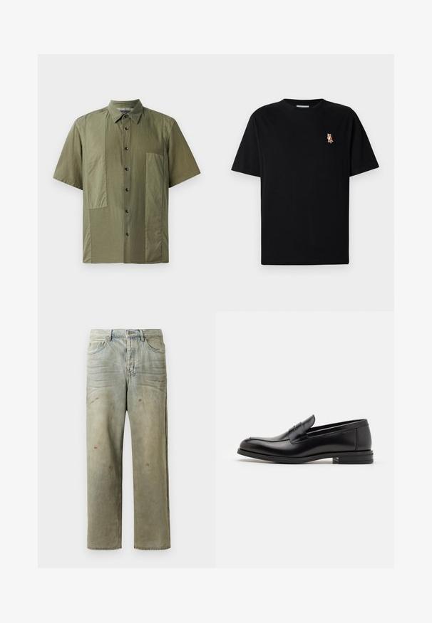 Tamsiai žalia trumpų rankovių marška su mygtukų užsegimu, tekstūruota medžiaga ir didelės kišenės priekyje. Juodi mygtukai paiso.; Juoda trumpomis rankovėmis apvalaus kaklo marškinėliai su maža išsiuvinėta oranžine lapės logo kairėje krūtinės pusėje.; Šviesiai žaliai nuvarytos džinsinės kelnes, su tiesiomis kojomis, penkių kišenių dizainu, nelygiai blukščiantis ir su dažų lašeliais.; Juodos odinės loafers, turinčios lygų paviršių, apvalią noselę ir dekoratyvinę juostą per priekinę dalį. Žemas krentantis kulnas, minimalistinis dizainas.