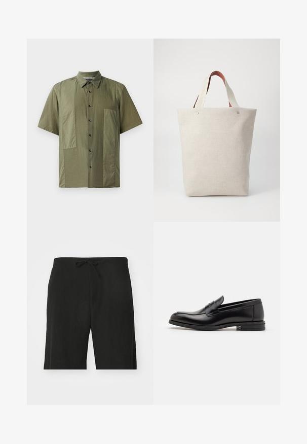 Camicia a maniche corte di colore verde oliva con colletto a camicia, tessuto strutturato e grandi tasche a toppa sul davanti. Bottoni neri lungo la chiusura.; Pantaloni corti neri in lino con vita regolabile, caratterizzati da una vestibilità rilassata e un design lungo fino al ginocchio. Texture liscia, stile semplice e classico.; Mocassini neri in pelle con una texture liscia, punta arrotondata e una striscia decorativa sulla tomaia. Tacco basso impilato, design minimalista.; Borsa a tracolla in tessuto beige chiaro con finitura testurizzata, dotata di due manici in pelle marrone a contrasto e dettagli metallici nella parte superiore.