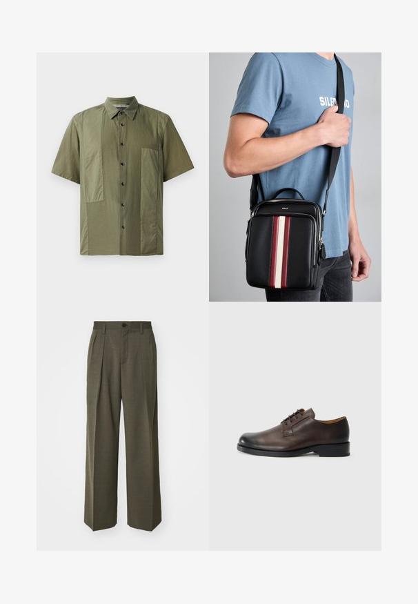 Kreklu ar īsām piedurknēm olīvzaļā krāsā ar pogām pie kakla, ar fakturētu audumu un lielām kabatām priekšpusē. Melnas pogas gar slīdošo daļu.; Filippa K WIDE TROUSERS - Auduma bikses - driftwood; Brūnu ādas kurpes ar noapaļotu purngala formu, zemu papēdi, saitēm un gludu virsmu. Iezīmē minimālu šūšanu un spīdīgu apdari.; Melnas ādas krustojuma soma ar sarkanām, baltām un bežām vertikālām svītrām. Aprīkota ar augšējo rokturi un regulējamu siksnu. Redzamais rāvējslēdzēja aizdare.