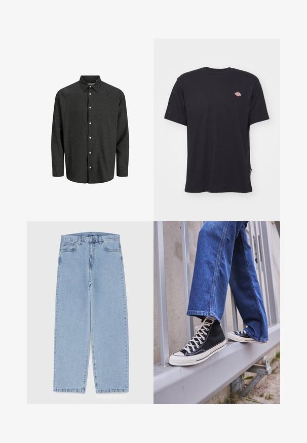 Camicia a maniche lunghe a quadri neri e grigi con colletto classico e bottoni bianchi. Tessuto morbido con vestibilità strutturata.; T-shirt in cotone nero con maniche corte, scollatura rotonda e piccolo logo colorato sul lato sinistro del petto. Presenta un orlo dritto.; Jeans in denim azzurro chiaro con design a gamba dritta, caratterizzati da una vita media, cinque tasche e chiusura con bottone e zip.; Scarpe da ginnastica nere alte con suola e lacci bianchi, abbinate a jeans di denim blu larghi, appoggiate su un parapetto grigio.