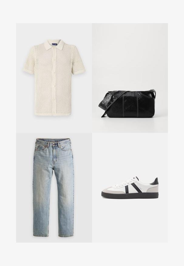 Polo a maniche corte in maglia color crema con un motivo testurizzato e a trama aperta. Chiusura con cinque bottoni e bordi a coste.; Jeans in denim azzurro chiaro con vita alta, bottone anteriore, cerniera e design a cinque tasche, adagiati su uno sfondo neutro.; Sneaker bianco con accenti neri e grigi, dotata di una punta grigia testurizzata, suola in gomma nera e lacci bianchi piatti. Design pulito, stile minimalista.; Borsa a spalla in pelle nera con chiusura a zip, caratterizzata da un corpo testurizzato, cuciture bianche e una tracolla con occhielli in argento.