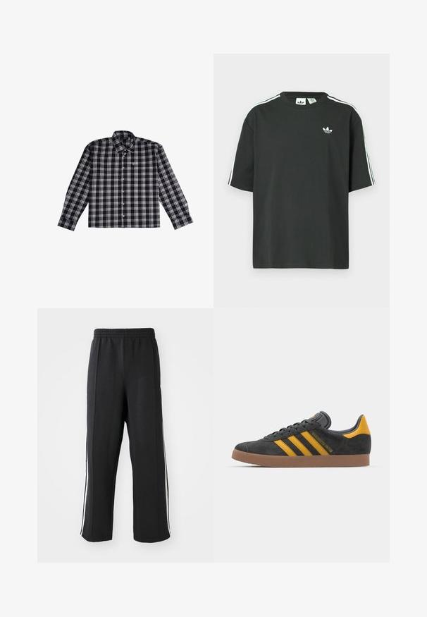 Mustvalge ja hall ruuduline pikkade varrukatega särk, mis on valmistatud pehmest kangast, nööpkaelusega ja tikandiga logo rindkeres.; Mustast puuvillast lühikeste varrukatega t-särk, ümmarguse kaelusega ja valgete kolmetriipudega õlgadel. Rinnal on väike valge logo.; Mustad mustad püksid elastse vöökoha ning valgete küljeribadega, lõdva istuvusega. Valmistatud pehmest ja venivast kangast.; Mustad sametist spordijalatsid kollaste aktsentidega, millel on kolm triipu ja pruun kummitald. Mugavuse tagamiseks on neil pehmendatud keele osa.