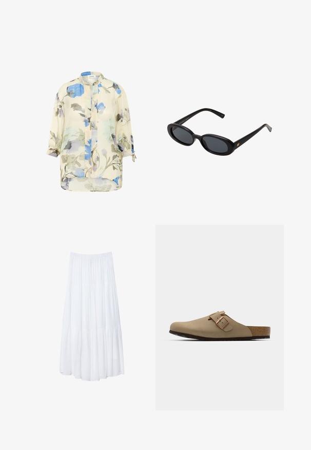 Blusa leggera e trasparente con un motivo floreale in tonalità di blu e grigio su uno sfondo crema. Presenta maniche lunghe con polsini arrotolabili e colletto alto.; Gonna maxi bianca a più strati realizzata in tessuto leggero. Presenta una vita elastica e un design fluido con una morbida e sottile texture.; Zoccoli beige con punta arrotondata, accentati da una fibbia regolabile e con tappetino in sughero. Superficie texturizzata con suola in gomma nera per una migliore aderenza.; Occhiali da sole neri oversize con lenti ovali, montatura in plastica liscia e accenti dorati sulle tempie. Le lenti scure offrono protezione dal sole.