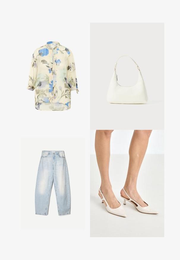 Bluză ușoară și transparentă, cu un model floral în nuanțe de albastru și gri pe un fundal crema. Prezintă mâneci lungi cu manșete răsucite și guler în picioare.; Top de dantelă de culoare albastru deschis, cu bretele subțiri, având un tiv din dantelă zimțată și un model floral, conceput pentru o siluetă ajustată.; Jeanși din denim albastru deschis, cu o croială lejeră, având un finisaj decolorat, două buzunare frontale și o închidere cu nasture la talie.; Cizme slingback din piele vopsită bej, cu vârf ascuțit și toc de 5 cm, având laterale decupate și o curea subțire la gleznă.; Geantă mică albă pentru umăr, cu o curea ajustabilă și închidere cu fermoar, pe un fundal alb simplu.