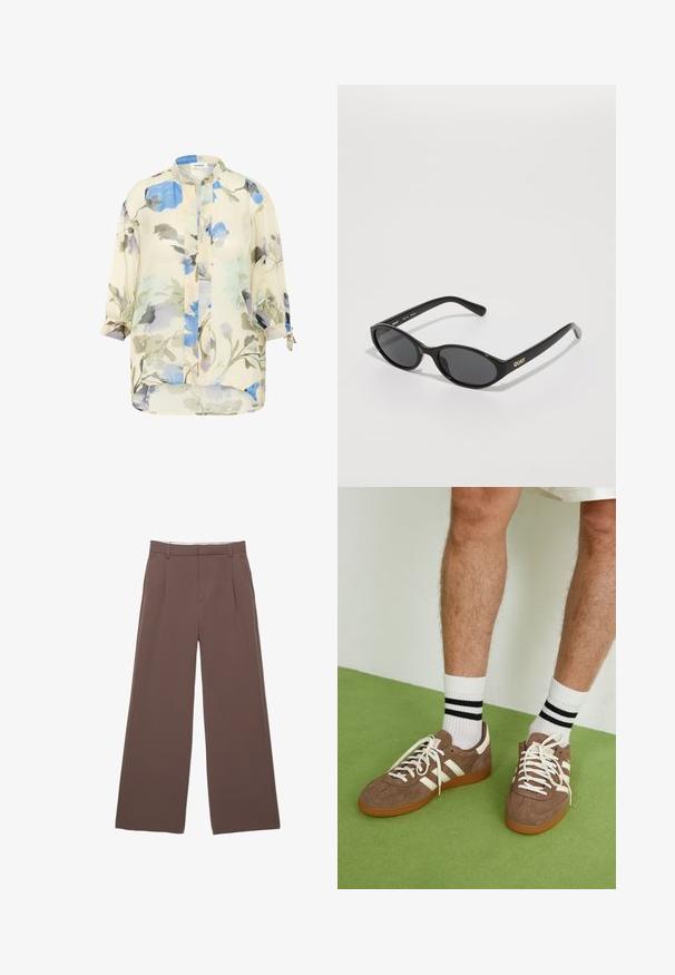 Ľahká, jemná blúzka s kvetinovým vzorom v odtieňoch modrej a sivej na krémovom pozadí. Obsahuje dlhé rukávy s možnosťouROLovania a stojatý golier.; Široké nohavice z pevnej hnedej látky s hladkou textúrou, prednými záhybmi a prispôsobeným pásom. Žiadne viditeľné logo ani vzory.; Hnedé zamatové tenisky s bielymi akcentmi a šnúrkami. Gumová podrážka. Nosené s bielymi ponožkami so čiernymi pruhmi. Zelená textúrovaná podlaha.; Čierne slnečné okuliare s okrúhlymi sklenými šošovkami, lesklý plastový rám a logo "QUAY" v zlatej farbe na boku. Obsahujú tmavo zatienené sklá.; Žltá skladaná kabelka vyrobená z hladkej eko kože, s jemným tvarom, jedným ramenným popruhom a zhrnutým vrchom.; Strieborné kovové náušnice s vlnitým, sochárskym dizajnom, s lešteným povrchom a nepravidelnými tvarmi, ktoré zvýrazňujú súčasnú estetiku.