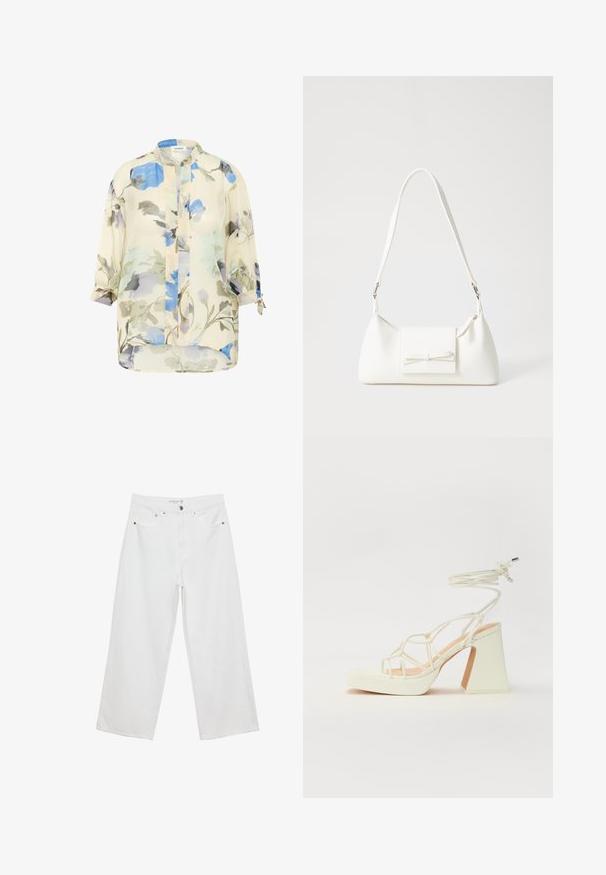 Lagani, prozračni bluzon s cvjetnim uzorkom u nijansama plave i sive boje na krem pozadini. Ima duge rukave s mogućnošću podizanja i stajaći ovratnik.; Bijele široke traperice s visokim strukom, s pet džepova i metalnim detaljima. Glatka tekstura, bez vidljivih uzoraka.; Bijela sandala na visokoj potpetici s debelim petom, s remenom i vezanjem oko gležnja. Glatka tekstura s platformom sprijeda za dodatnu visinu.; Bijela sintetička torbica s trokutastim oblikom, ravnim prednjim poklopcem i detaljem u obliku mašne, podesivom remenom, glatkom teksturom i minimalističkim dizajnom.