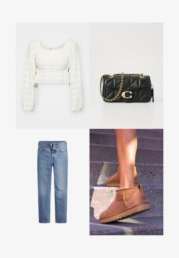 Biała krótka bluzka z teksturowanym wzorem kratki, długimi bufkami, kwadratowym dekoltem i marszczeniem w talii.; Jasnoniebieskie jeansy denimowe o prostym kroju, z pięcioma kieszeniami i zapięciem na guziki. Charakteryzują się delikatnym wyblaknięciem oraz pomarańczowymi przeszyciami.; Brązowe zamszowe botki za kostkę o miękkiej teksturze, z przeszyciami i gumową podeszwą, wyposażone w pętelkę na pięcie dla łatwego zakładania.; Czarna pikowana skórzana torebka z złotym łańcuszkiem i zapięciem na toggle, z okrągłym akcentem. Kompaktowy prostokątny kształt.