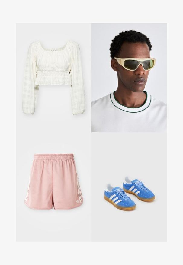 Bela skrajšana bluzica s teksturirano mrežasto vzorcem, dolgi napihnjeni rokavi, kvadratni izrez in gubanje na pasu.; Roza atletska kratka hlača z elastičnim pasom, stransko belim črtanjem in majhnim logotipom na dnu levega sprednjega dela. Gladka tekstura tkanine.; Modre semiš športne čevlje z belimi črtastimi poudarki, gumo podplat in oblazinjen ovratnik za udobje. Ima klasičen vezalni dizajn.; Sončna očala s prozornim rumenim okvirjem in zeleno obarvanimi lečami. Kotna zasnova z širokimi ročaji, nosijo jih s belo srajco, ki ima zelene poudarke.; Tkanina iz slame s kožnimi detajli v rjavi barvi, dva ročaja in snemljiv trak. Ukrojena oblika z trdnim dnom.