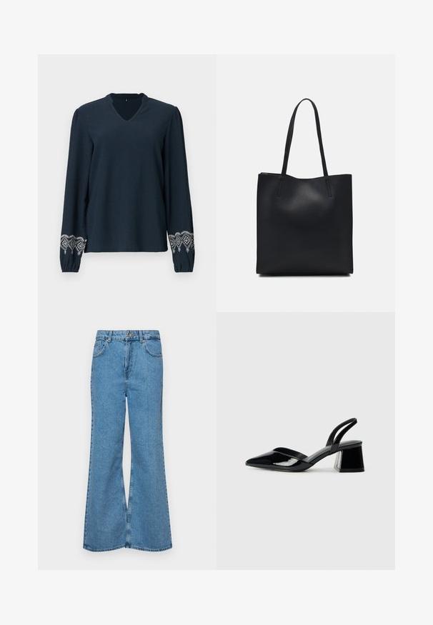 Tamsiai mėlyna palaidinė su V formos iškirpte, tekstūruotu audiniu ir ilgomis rankovėmis. Papuošta sudėtingu baltu siuvinėjimu ant rankogalių.; Šviesiai mėlynos flared džinsai, pagaminti iš džinsinio audinio, su aukštu liemeniu, penkiomis kišenėmis ir vienu mygtuko užsegimu. Minkštas paviršius su išblukusiu efektu.; Juodos lakuotos odinės šlepetės su smailiu pirštu ir geometriniu bloko kulnu. Turi elegantišką, minimalistinį dizainą ir lygų paviršių.; Juodas odinis tote krepšys su lygia tekstūra, stačiakampio formos ir dviem ilgais rankenomis. Matomų metalinių detalių ar puošybos nėra.