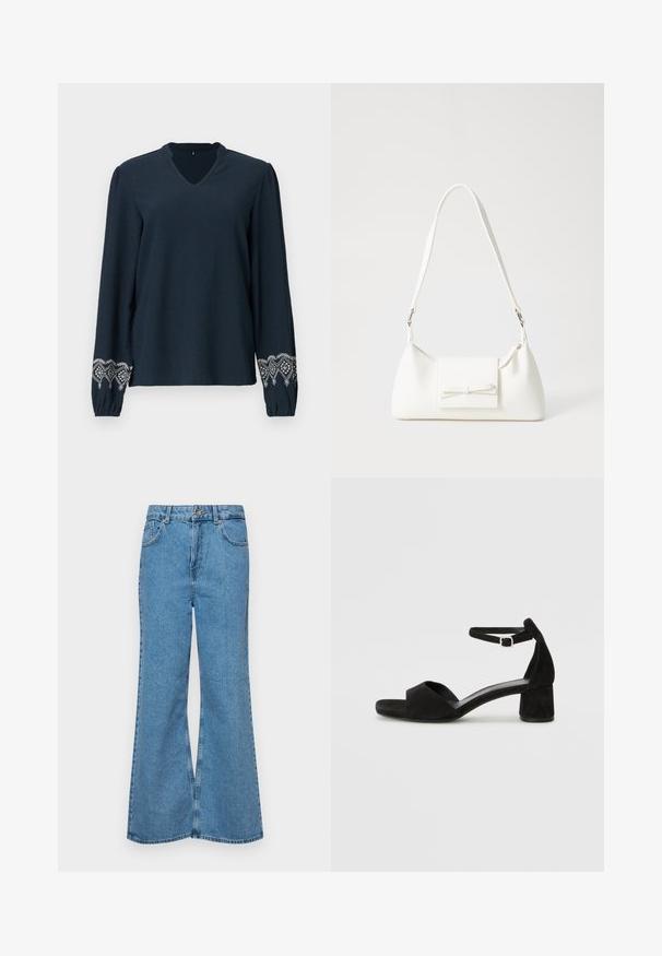 Tengerészkék blúz V-nyakkal, texturált anyagból, hosszú ujjakkal. Finom fehér hímzéssel a mandzsettákon.; Világoskék, trapézszárú farmernadrág, magas derékkal, öt zsebbel és egy gombos záródással. Puha tapintású, magasított effektusú anyag.; Fekete velúr magassarkú szandál vékony boka pánttal, nyitott orral és szerény blokk sarkával. Simaság és minimalista részletek jellemzik.; Fehér szintetikus kézitáska, háromszög alakú, lapos előlap, masni részlettel, állítható pánttal, sima textúrával és minimalista dizájnnal.