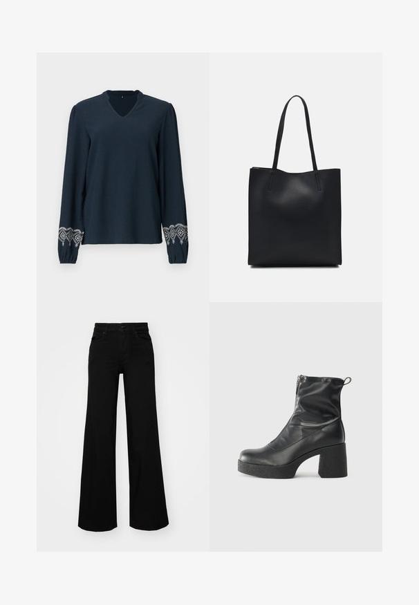 Tumši zils topiņš ar V veida kakla izgriezumu, fakturēta auduma, ar garām piedurknēm. Rotāts ar sarežģītu baltu izšuvumu uz piedurknēm.; Melni plaša kāju bikses, izgatavotas no džinsa, ar strukturētu jostu, jostu cilpiņām un priekšējām kabatām. Gluda tekstūra ar klasisku dizainu.; Melni potītes zābaki, kas izgatavoti no gludas ādas, ar sānu rāvējslēdzēju, masīvu strukturētu papēdi un noapaļotu purngalu.; Melnas ādas somiņa ar gludu tekstūru, taisnstūra formu un divām garām rokturiem. Nav redzamu aparatūras vai rotājumu.