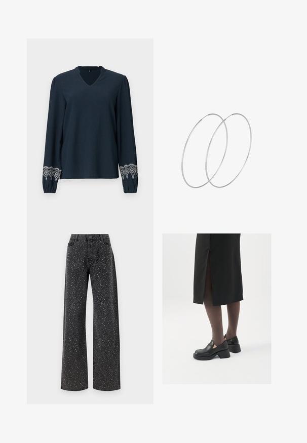 Mornarsko plava bluzica s V-izrezom, teksturiranom tkaninom i dugim rukavima. Sadrži složenu bijelu vez na manžetama.; Noisy May NMJANNEL LOOSE - Traperice opuštenog kroja - black denim; Crne kožne cipele s zaobljenim vrhom, debelim blok petama i elastičnim bočnim detaljima, uparene s tamnim čarapama i crnom suknjom s prorezom.; Srebrne okrugle naušnice s minimalističkim dizajnom. Kružni oblik, glatka tekstura i tanak profil. Lagane s poliranim završetkom.