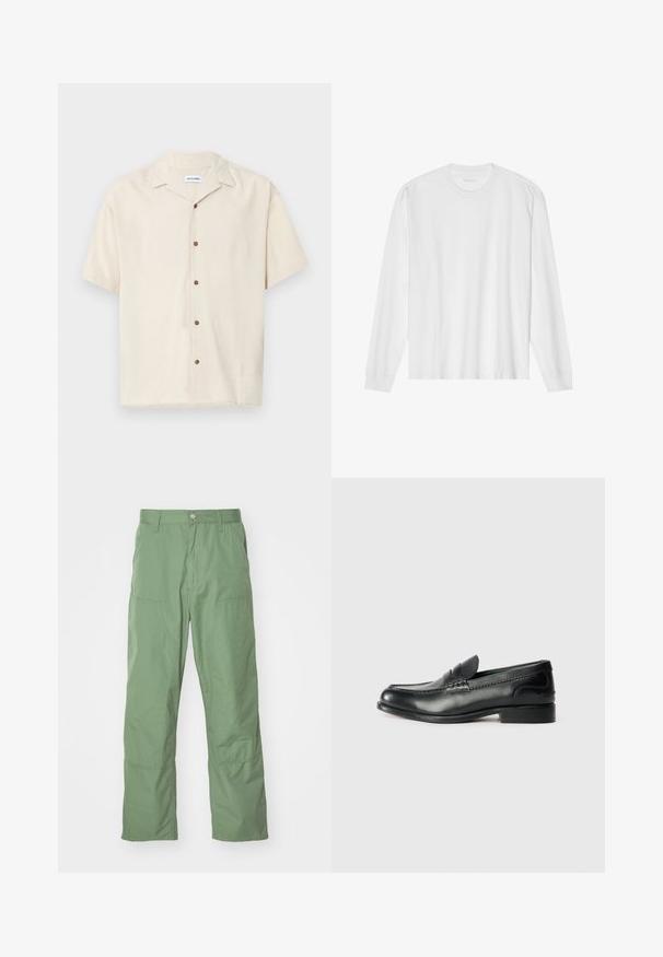Rövid ujjú bézs ing sima anyagból. Jellemzője egy hegyes gallér és barna gombok az elején.; Hosszú ujjú fehér pamut póló, kerek nyakkivágással és bordázott mandzsettákkal. Egyszerű, díszítés nélküli dizájn, sima tapintással és normál fazonnal.; Világos zöld, laza szabású nadrág sima textúrával, oldal zsebekkel és látható varrási részletekkel. Teljes hosszúságú, egyenes lábbal.; Fekete bőr mokaszinok sima felülettel, varrott részletekkel a lábfej részen és kissé megemelt sarokkal.