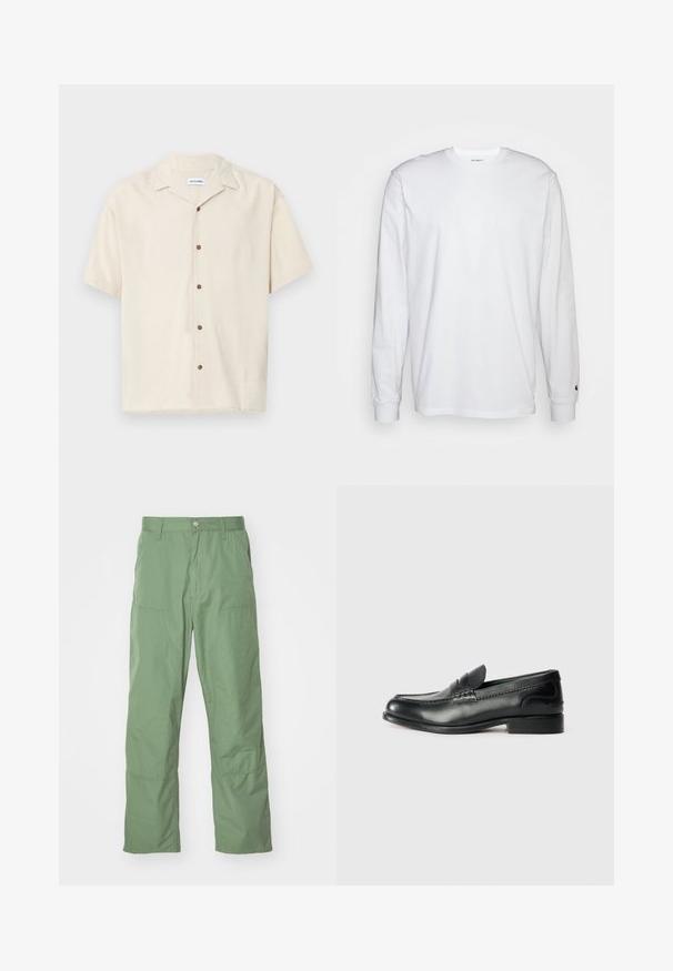 Béžová krátkooktá košeľa vyrobená z hladkej tkaniny. Má špicatý golier a hnedé gombíky pozdĺž prednej strany.; Biela dlhá bavlnená tričko s dlhým rukávom. Dizajn s okrúhlym výstrihom a rebrovanými manžetami, malá nášivka na ľavom rukáve. Hladká textura.; Svetlozelené nohavice vo voľnom strihu s hladkým povrchom, so bočnými vreckami a viditeľnými stehmi. Plnej dĺžky s rovný strihom nohavíc.; Čierne kožené loafers s hladkým povrchom, prešívaním cez vampus a mierne vyvýšeným podpätkom.