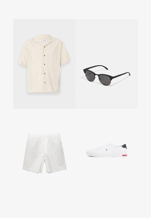 Beżowa koszula z krótkim rękawem, wykonana z gładkiego materiału. Posiada spiczasty kołnierzyk oraz brązowe guziki z przodu.; Białe bawełniane szorty z elastycznym pasem w talii ze sznurkiem, bocznymi kieszeniami oraz prostym krojem z wykończonymi brzegami.; Białe niskie tenisówki wykonane z gładkiej skóry. Posiadają granatowy zapiętek i czerwony akcent na podeszwie. Sześć oczek na sznurowadła.; Czarne okulary przeciwsłoneczne z okrągłymi soczewkami, matowym wykończeniem i charakterystycznym kształtem kota. Smukłe ramiona z subtelnym logo na lewym skroniu.