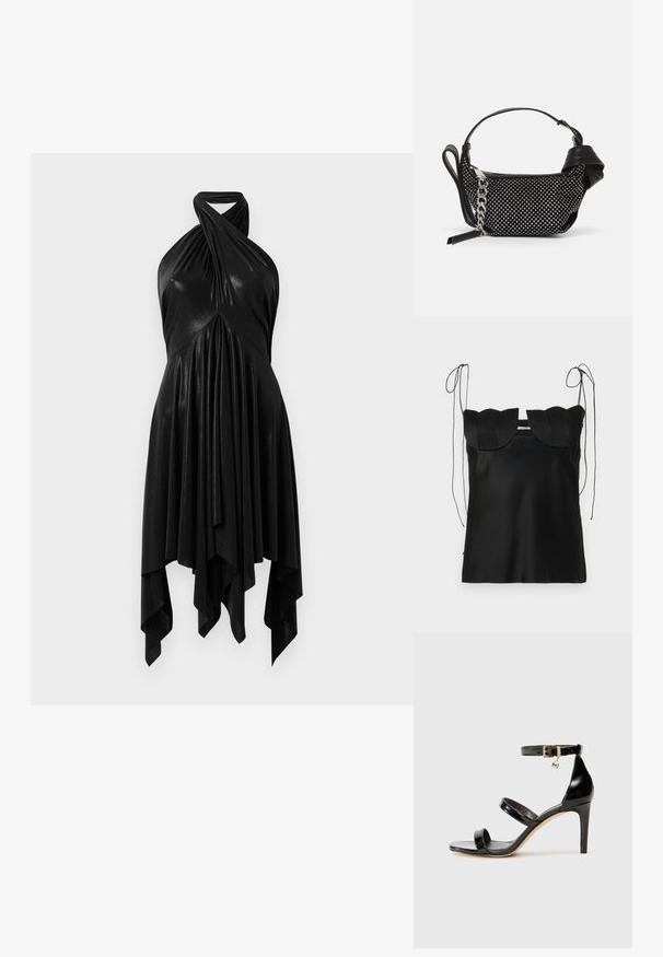 Top negro sin mangas con un escote ondulado, hecho de una tela suave. Presenta tirantes ajustables en los hombros y un diseño simple y ajustado.; Vestido negro de halter con un diseño drapeado. Fabricado en un material brillante, presenta un escote retorcido y un dobladillo asimétrico. Textura suave.; Sandalia de charol negro con tres correas, hebilla en el tobillo y tacón de aguja de 10 cm. Presenta detalles de hardware en oro y un charm con el logo.; Bolso negro con un diseño texturizado, adornado con tachuelas plateadas y una correa de cadena plateada gruesa. Presenta una forma elegante y minimalista.