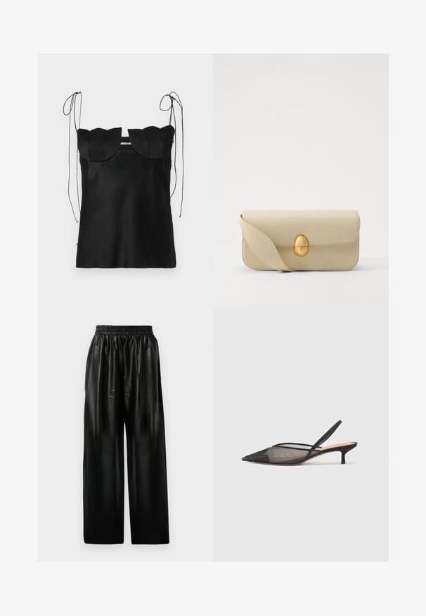 Black sleeveless top with a scalloped neckline, made of smooth fabric. Features adjustable shoulder ties and a simple, fitted design.; Black leather wide-leg pants with an elastic waistband, featuring two side pockets and a smooth, shiny texture.; NEOUS IRENA - Classic heels - black; Beige leather handbag with a smooth texture, rectangular shape, and a golden oval clasp. Features a long, adjustable strap.
