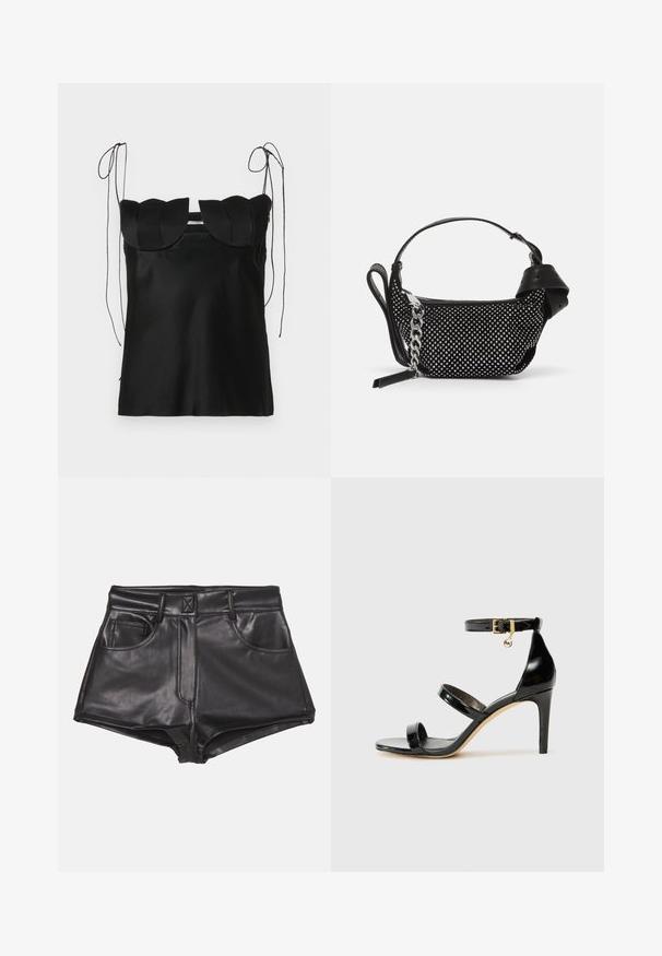 Black sleeveless top with a scalloped neckline, made of smooth fabric. Features adjustable shoulder ties and a simple, fitted design.; Black faux leather shorts with a high waist, featuring two front pockets, visible stitching, and a smooth texture.; Black patent leather sandal with three straps, ankle buckle, and 4-inch stiletto heel. Features gold hardware detail and logo charm.; Black handbag with a textured design, adorned with silver studs and a chunky silver chain strap. Features a sleek, minimalist shape.