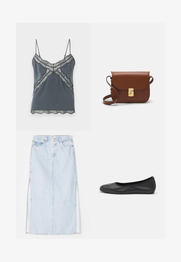 Donkergrijze top met dunne verstelbare bandjes, kantdetails langs de halslijn en zoom, soepel materiaal en golvende randen.; Witte korte mouwen t-shirt van ribstof. Ronde halslijn, normale pasvorm en subtiele stiksels. Geen patronen of grafische elementen.; Lichtblauwe denim maxi rok met een rechte snit, voorzien van zijsplits en een ontwerp met vijf zakken. Opvallende stiksels en metalen knoopsluiting.; Zwarte leren ballerina met een ronde neus, gladde textuur, minimale stikdetails en een flexibele zoolontwerp.; Bruine leren handtas met een klep sluiting, gouden hardware, een schouderband en een gladde textuur. Compact rechthoekige vorm.