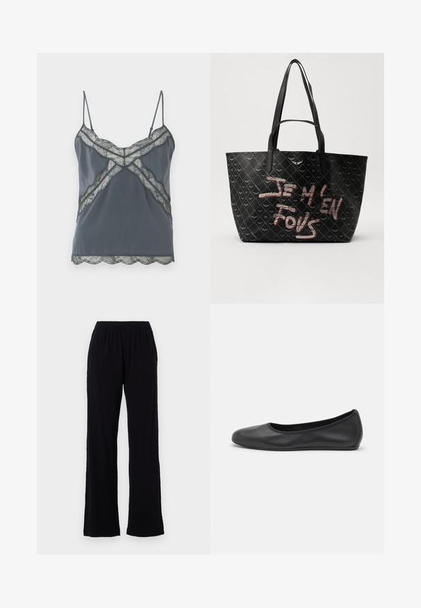 Dunkelgraues Camisole mit dünnen verstellbaren Trägern, Spitzendetails am Ausschnitt und Saum, glatter Stoff und gewellter Rand.; Schwarze, leichte, elastische Hose mit geradem Bein. Weicher Stoff ohne sichtbare Muster oder Akzente. Schlichter und vielseitiger Stil.; Schwarze Leder-Ballettschuhe mit abgerundeter Spitze, glatter Textur, minimalen Nähdetails und einem flexiblen Sohlen-Design.; Schwarze Tote-Bag aus strukturiertem Material mit Rautenmuster, Schulterriemen und auffälligem roten und weißen Text "JE M'EN FOUS."