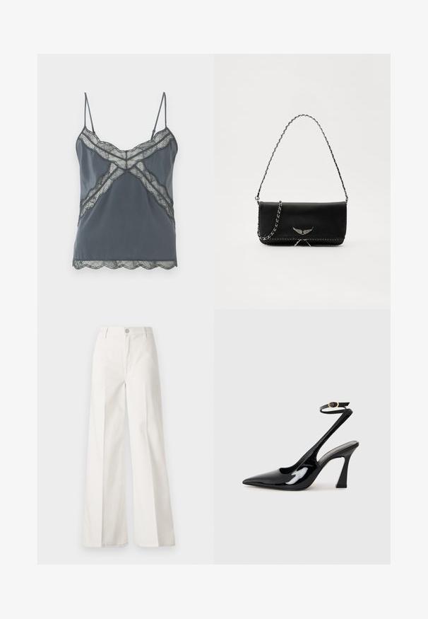 Tumši pelēks kamzolītis ar plānām regulējamām siksnām, mežģīņu apdare ap kaklu un apakšmalu, gluda auduma struktūra un viļņoti maliņas.; Baltas platfita bikses, izgatavotas no kokvilnas ar gludu tekstūru. Aprīkotas ar priekšējo pogu, rāvējslēdzēju un četru kabatu dizainu.; Melnas patentā ādas augstpapēžu kurpes ar norādītu purngalu, regulējamu potītes siksniņu un mērenu bloku papēdi. Gluda tekstūra ar spīdīgu apdari.; Melnas ādas rokassomā ar sudraba ķēdes siksnu, kurai ir dekoratīvi spārnu akcenti un baltā šuvēšana apakšējā šuvē.