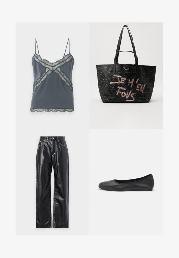 Temno siva majica brez rokavov s tankimi nastavljivimi naramnicami, čipkastimi detajli ob izrezu in robu, gladko blago ter valovitimi robovi.; Črne hlače iz umetnega usnja s širokim krojem, z belim šivom, sprednjimi žepi in zlatim gumbom na pasu.; Črne usnjene balerinke z zaobljenim nosom, gladko teksturo, minimalnimi šivi in fleksibilno zasnovo podplata.; Črna torba z ramenskimi trakovi, izdelana iz teksturiranega materiala z diamantom vzorcem, ter drznim rdečim in belim besedilom "JE M'EN FOUS."
