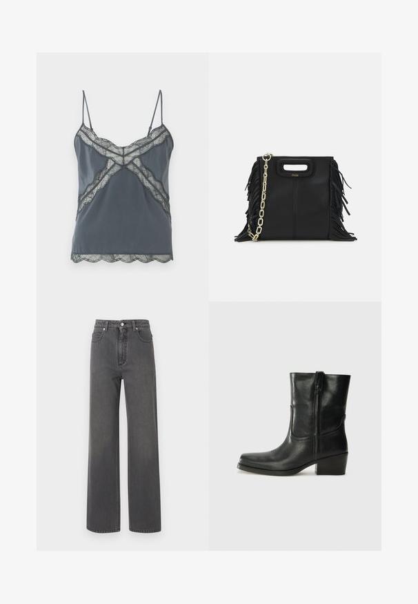 Donkergrijze top met dunne verstelbare bandjes, kantdetails langs de halslijn en zoom, soepel materiaal en golvende randen.; Grijze denim jeans met een hoge taille en wijde pijpen, met een sluiting aan de voorkant met knopen en contrasterende stiksels. Heeft twee zijzakken en een gladde textuur.; Zwarte leren enkellaars met een ronde neus, blokhak, zijrits en stikselaccenten op de wreef. Gladde textuur, klassiek ontwerp.; Zwarte leren handtas met franjes, gouden schouderband van schakels en een uitsnijding in de handgreep. Heeft het logo prominent aan de voorkant.