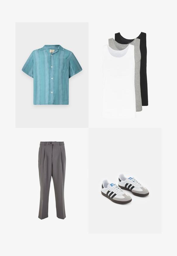 Polegavna srajca s kratkimi rokavi v gradientnih teal odtenkih, s prsno žepom in razširjenim ovratnikom, prikazana na beli podlagi.; Tri majice brez rokavov v bežni, sivi in črni barvi. Vsaka je značilna po klasičnem brezrokavem dizajnu, izdelana iz lahkega bombažnega materiala z rebrasto teksturo.; Sive plisirane hlače iz gladkega materiala, s pravim krojem, enim gumbom za zapiranje in zankami za pas. Minimalističen dizajn.; Športni čevlji z belim usnjenim zgornjim delom, sivim semišem na prstih in tremi črnimi črtami. Imajo modro logo na jeziku in teksturiran gumijast podplat.
