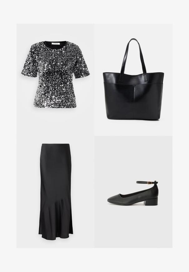 T-shirt preto de manga curta coberto por lantejoulas prateadas brilhantes, com decote redondo e um acabamento têxtil suave. Etiqueta visível na gola.; Saia midi em cetim preto com um design elegante, apresentando um leve esvoaçar na bainha e uma abertura lateral para facilitar os movimentos. Textura suave.; Sandal de pele preta com bico pontiagudo e um salto bloco baixo. Apresenta uma tira no tornozelo com uma fivela em tom dourado. Textura suave.; Bolsa tote preta em couro com duas alças longas, textura suave e forma estruturada. Apresenta um bolso frontal para armazenamento adicional.