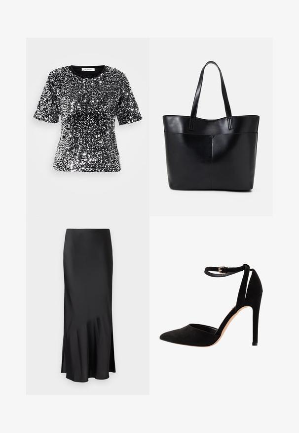 Tricou scurt cu mânecă scurtă, de culoare neagră, acoperit cu paiete argintii strălucitoare, având guler rotund și un finisaj textil neted. Eticheta este vizibilă la guler.; Fustă midi din satin negru, cu un design elegant, având o ușoară evazare la tiv și o fante laterală pentru un plus de libertate de mișcare. Textură netedă.; Pantofi cu toc înalt din suede negru, cu vârful ascuțit, curea la gleznă și toc stiletto. Designul prezintă o textură netedă, cu detalii minime.; Geantă oversized din piele neagră, cu două mânere lungi, de textură netedă și formă structurată. Are un buzunar frontal pentru stocare suplimentară.