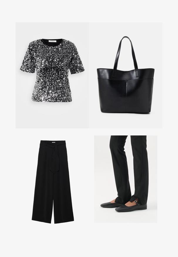 Black short-sleeve t-shirt covered in shiny silver sequins, featuring a crew neck and a smooth textile finish. Label visible at neckline.; Black wide-leg pants featuring a textured fabric, an elastic waistband, and a detachable sash tie at the waist for adjustable fit.; Black leather ballet flats with a pointed toe, strap with silver buckle, paired with black tailored pants featuring a slit hem.; Black leather tote bag with two long handles, a smooth texture, and a structured shape. Features a front pocket for additional storage.
