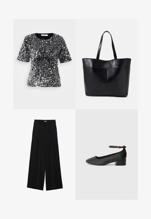 Must värviga lühikeste varrukatega T-särk, mis on kaetud läikivate hõbedaste sädelevate pärlitega, featuring ümar kaelus ja sile tekstiili viimistlus. Silt nähtav kaeluses.; Mustad laiad püksid, millel on tekstureeritud kangas, elastne vöökoht ja eemaldatav pael vööst, et reguleerida sobivust.; Must mustaapp, millel on terav nina ja madal blokk-kand. Omab pahkluu rihma koos kuldse tooni pandlaga. Sile tekstuur.; Must mustaga musta nahast, millel on kaks pikka kanda, sile tekstuur ja struktureeritud kuju. Esipoolsel on lisakoti jaoks tasku.