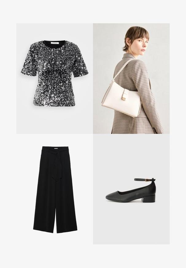 T-shirt nero a maniche corte, completamente ricoperto di paillettes argentate lucide, con colletto a girocollo e finitura tessile liscia. Etichetta visibile sul colletto.; Pantaloni neri a gamba larga caratterizzati da un tessuto testurizzato, una vita elastica e una cintura staccabile per una vestibilità regolabile.; Pump in pelle nera con punta affusolata e tacco basso a blocco. Presenta una cinghia alla caviglia con una fibbia in tonalità oro. Texture liscia.; Borsa a mano in pelle bianca con un design strutturato, presente di un clasp magnetico e una tracolla, esposta su uno sfondo neutro.
