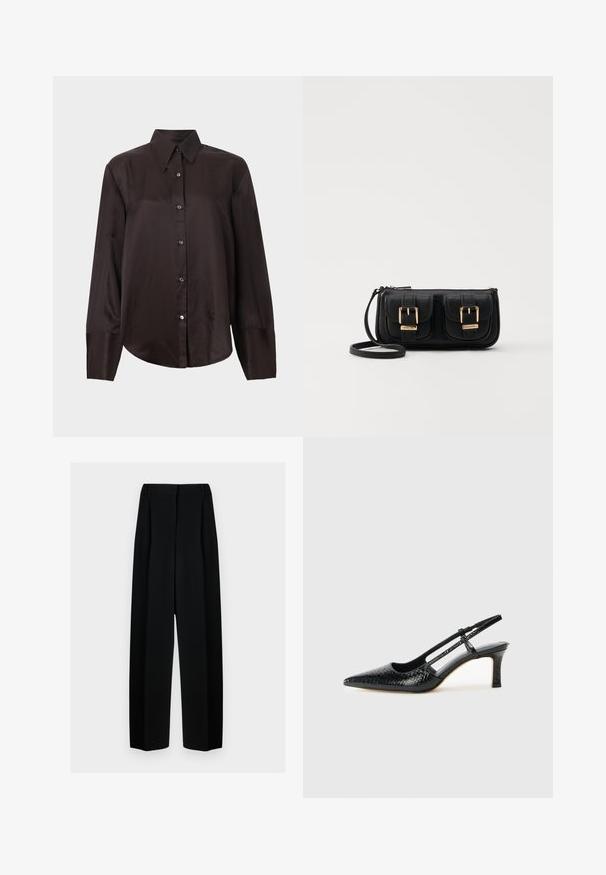 Sötétbarna hosszú ujjú ing sima anyagból, hegyes gallérral, gombos elülső résszel és lekerekített aljjal. Ezüst gombok díszítik az elejét.; Fekete, széles szárú nadrág magas derékkal, redők és sima textúra jellemzi. Az anyag könnyűnek tűnik és elegánsan hullámzik.; Fekete lakk slingback sarok, hegyes orral, texturált kígyómintával, állítható pánttal és rövid, texturált tömbsarkal.; Fekete bőr keresztbody táska két elülső zsebbel, arany csattokkal, cipzáras záródással és vékony pánttal. Textúrált felület és kompakt téglalap alak.