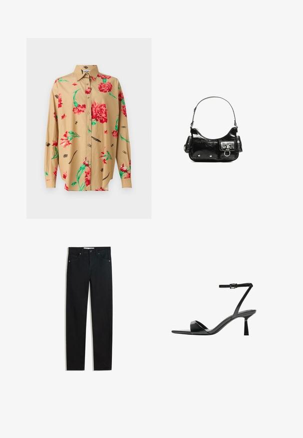 Beige Langarmhemd mit Button-Down-Kragen. Verfügt über ein rot-grünes Blumenmuster und verschiedene schwarze Skizzen, darunter Stifte und Klammern.; Schwarze Jeans mit geradem Bein, fünf Taschen, Metallknopfverschluss und dezenten Nähten. Glatte Textur.; Bershka High Heel Sandalette - black; Schwarze Lackleder-Handtasche mit geschwungenem Design, einem Schulterriemen, Vordertaschen und silberfarbenen Hardware-Akzenten.