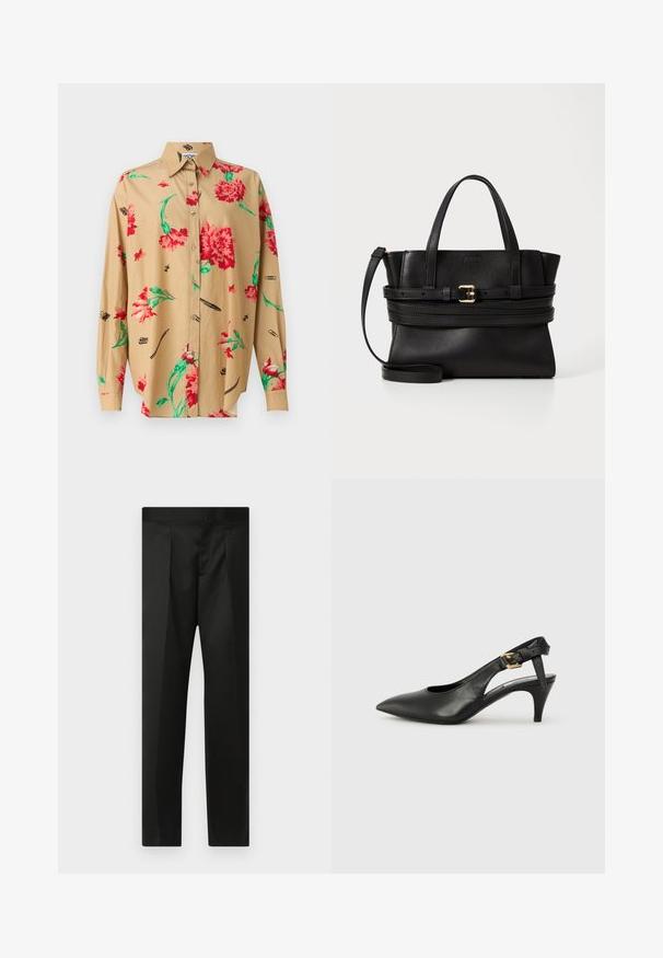 Beige košile s dlouhým rukávem a límečkem na knoflíky. Má červený a zelený květinový vzor a různé černé kresby, včetně per a spon.; Černé kalhoty s hladkým materiálem, přizpůsobeným střihem, rovnými nohavicemi a plochým pasem bez viditelných zapínání či kapes.; Černé kožené lodičky se slingback, špičatou špičkou, malým podpatkem a detailem s přezkou na pásku kolem kotníku. Hladká textura, minimalistický design.; Černá kožená kabelka se strukturovaným designem, dvojitými horními uchy, odnímatelným popruhem a zlatým zdobením na horizontálním pásku.